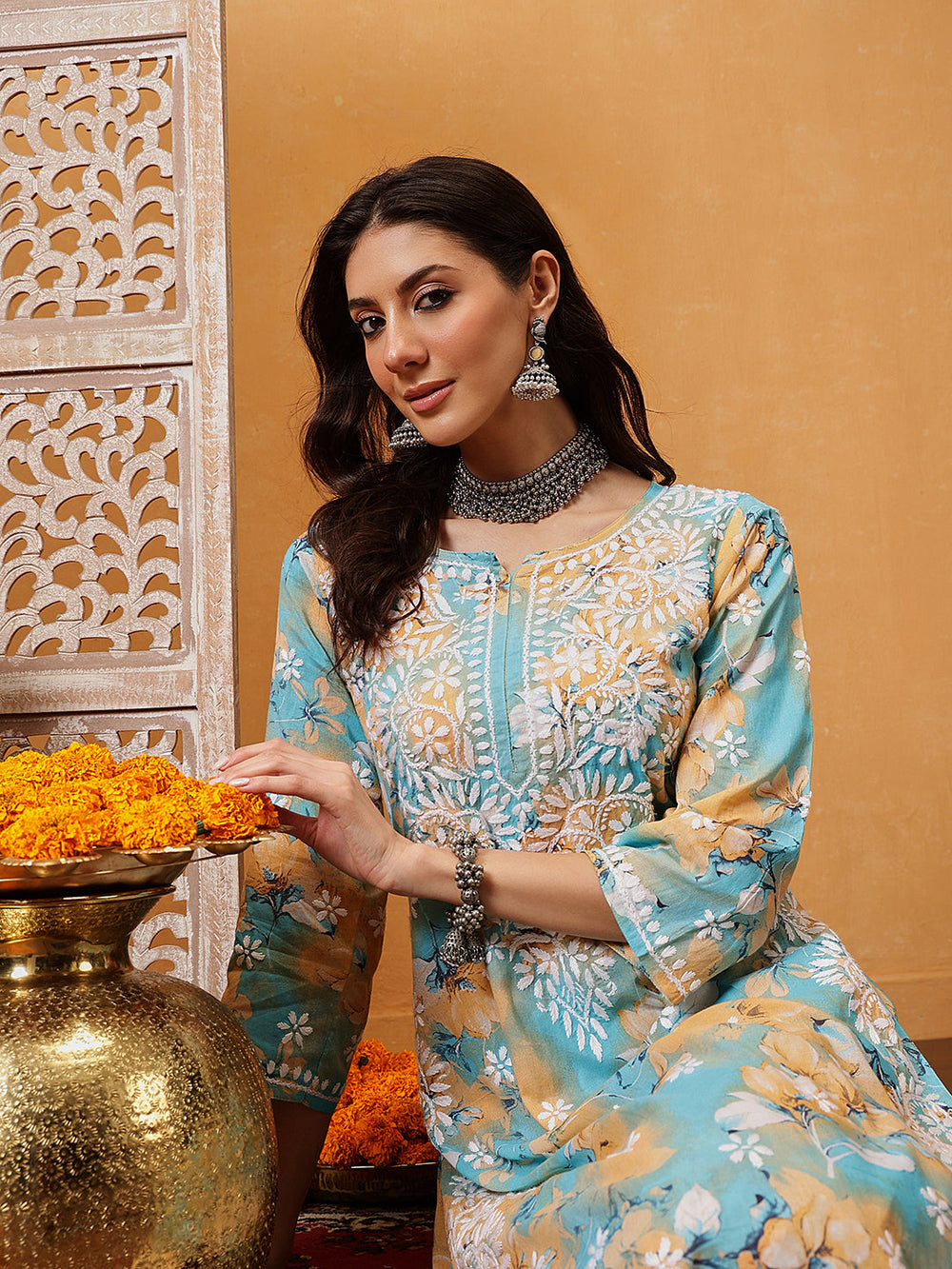 Sky-Blue-Cotton-Lucknowi-Chikankari-Printed-Kurta-Set