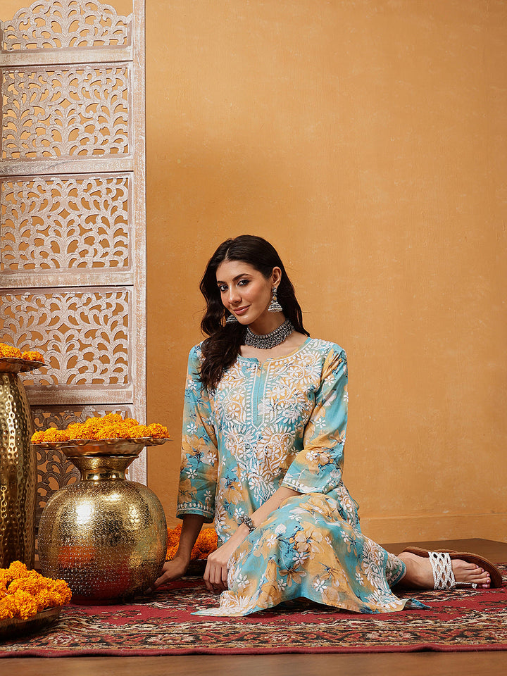 Sky-Blue-Cotton-Lucknowi-Chikankari-Printed-Kurta-Set