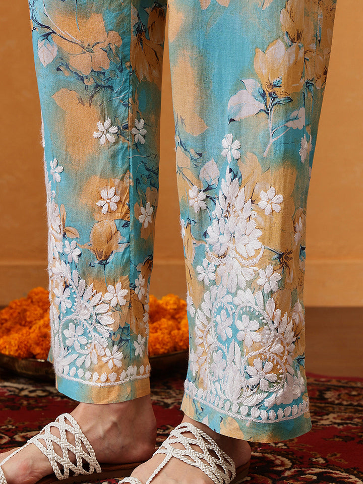 Sky-Blue-Cotton-Lucknowi-Chikankari-Printed-Kurta-Set