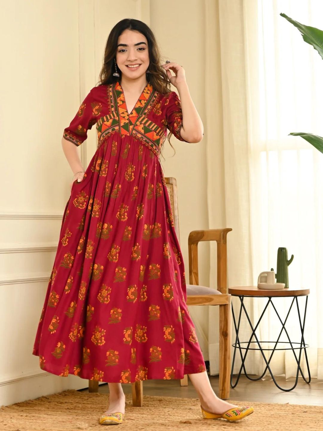 Slash-Maroon-V-Neck-Gathered-Dress