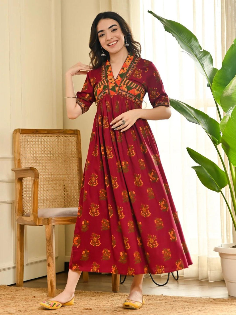 Slash-Maroon-V-Neck-Gathered-Dress
