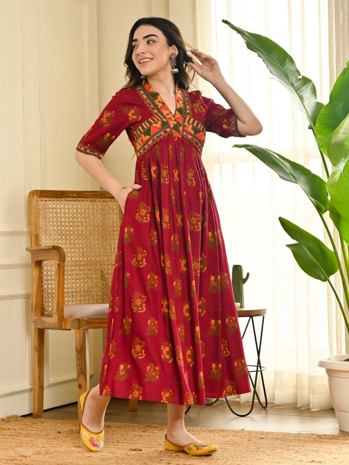 Slash-Maroon-V-Neck-Gathered-Dress