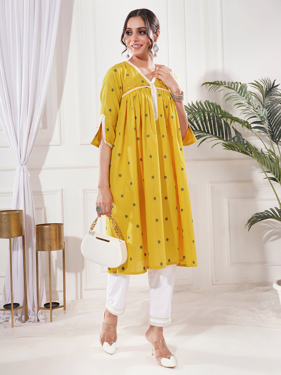 Sohini Yellow Cotton A Line Kurta Only