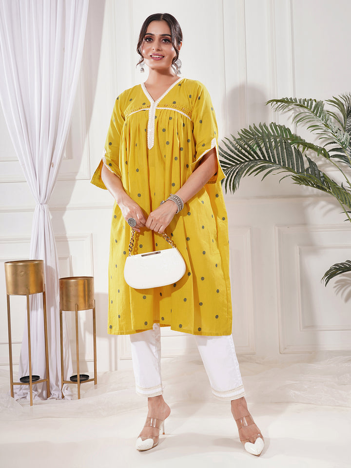 Sohini Yellow Cotton A Line Kurta Only