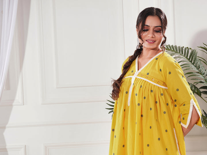 Sohini Yellow Cotton A Line Kurta Only
