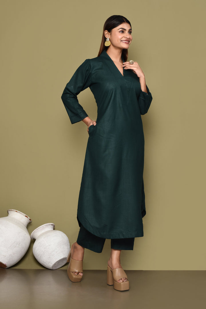 Solid Bottle Green Cotton Slub 2-Piece Kurta Set