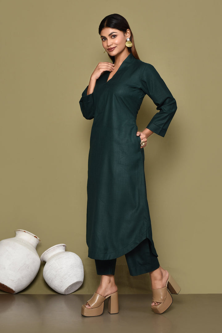 Solid Bottle Green Cotton Slub 2-Piece Kurta Set