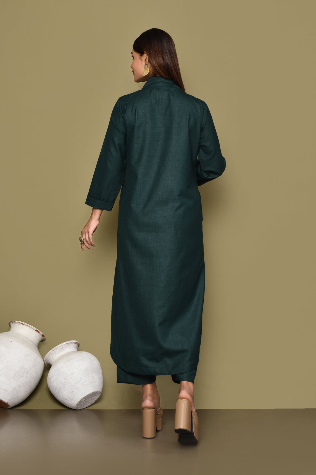 Solid Bottle Green Cotton Slub 2-Piece Kurta Set