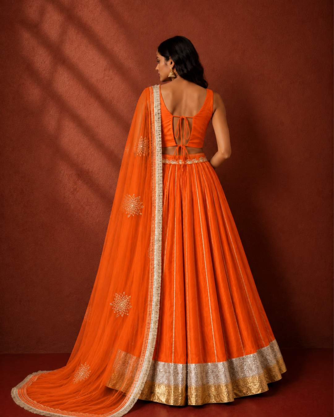 Orange Silk Sleeveless Lehenga Set