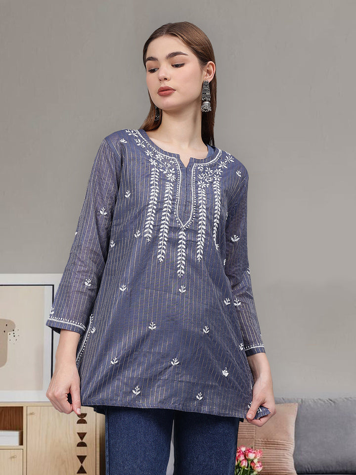 Steel-Blue-&-Grey-Chanderi-Chikankari-Tunic-With-Slip