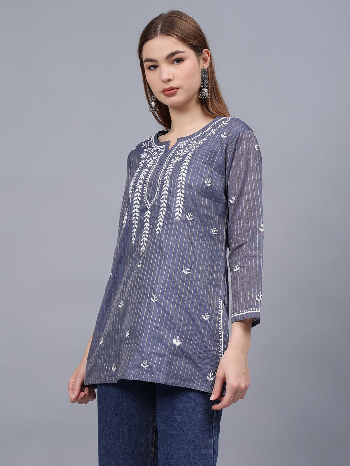 Steel-Blue-&-Grey-Chanderi-Chikankari-Tunic-With-Slip