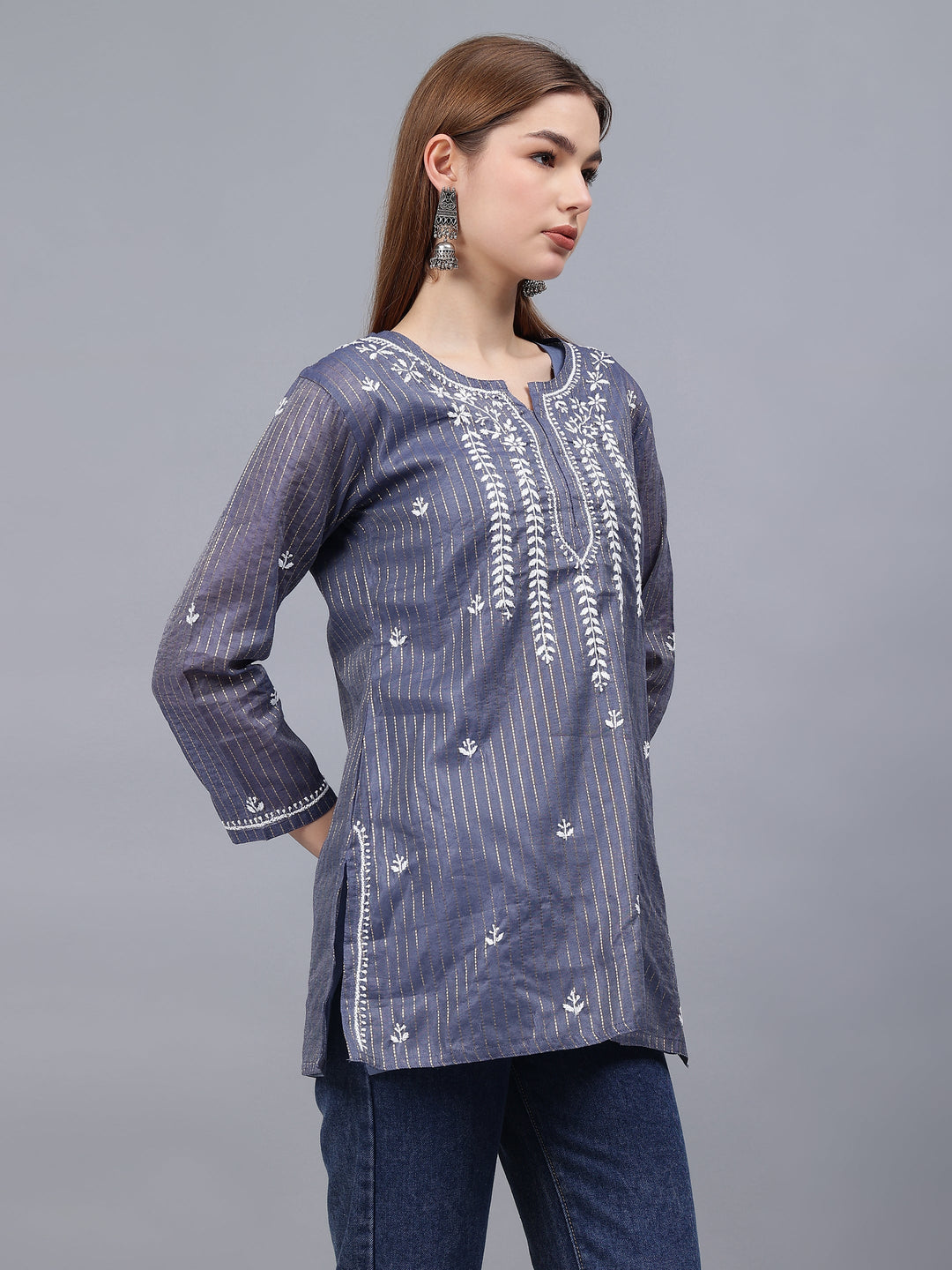 Steel-Blue-&-Grey-Chanderi-Chikankari-Tunic-With-Slip