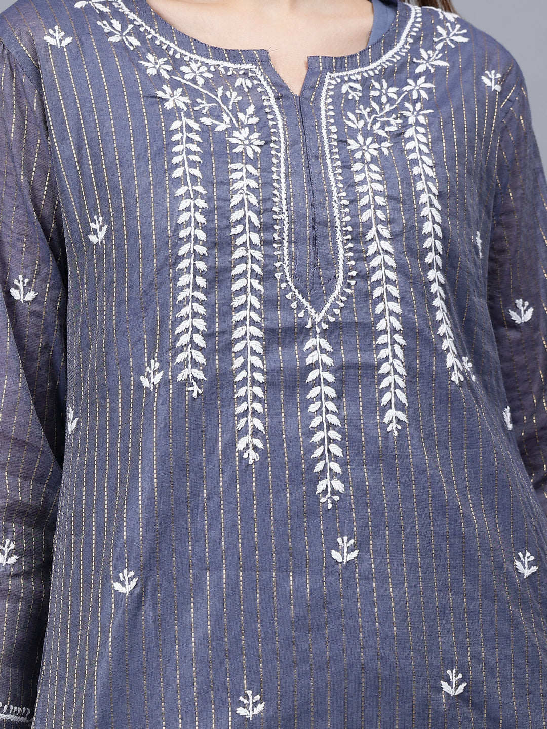 Steel-Blue-&-Grey-Chanderi-Chikankari-Tunic-With-Slip