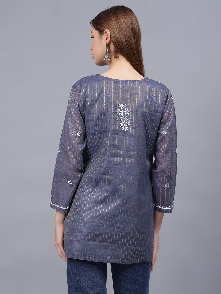 Steel-Blue-&-Grey-Chanderi-Chikankari-Tunic-With-Slip