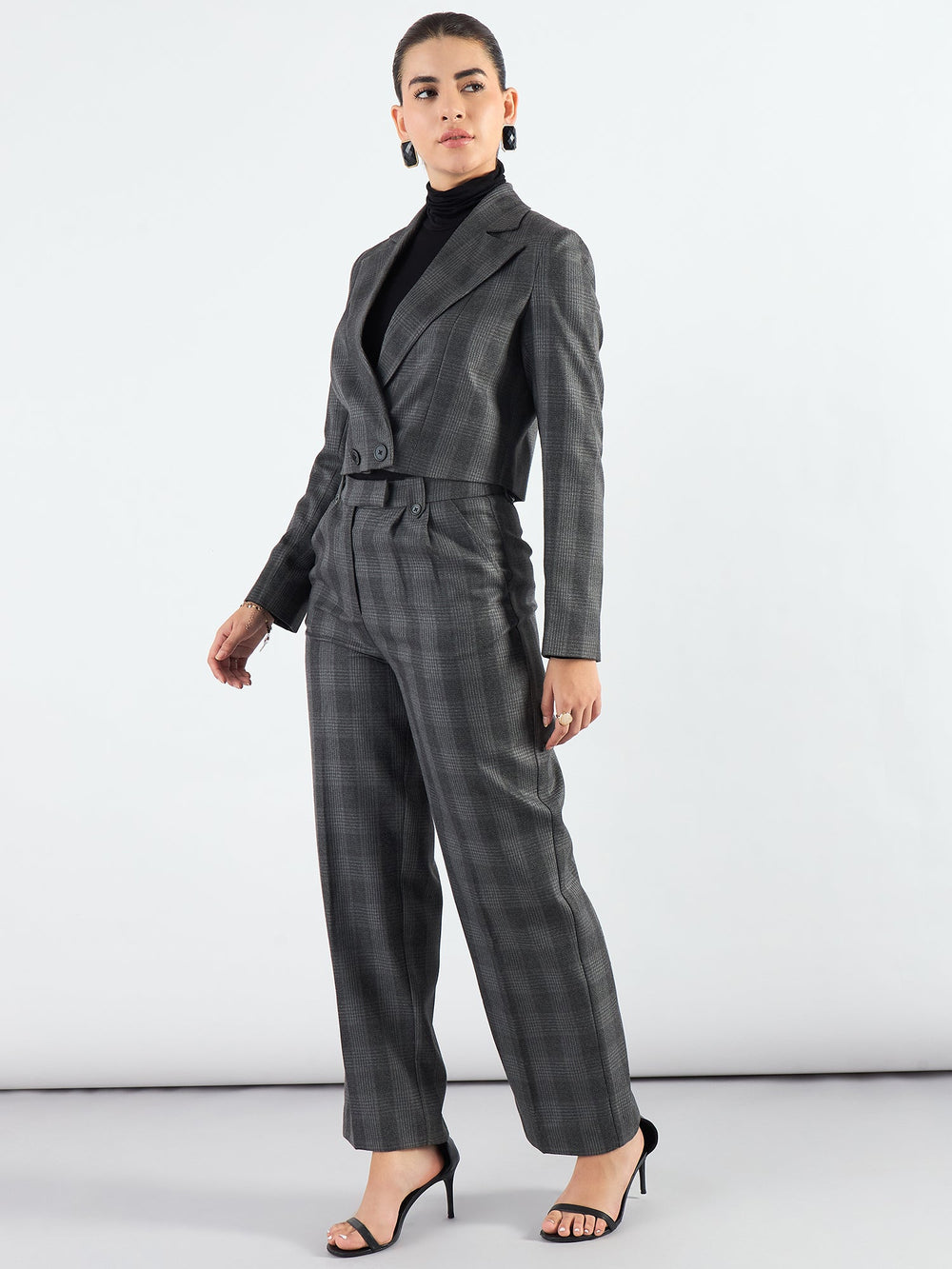 Stylish-Grey-Poly-Viscose-Checkered-Warm-Crop-Blazer-&-Trouser