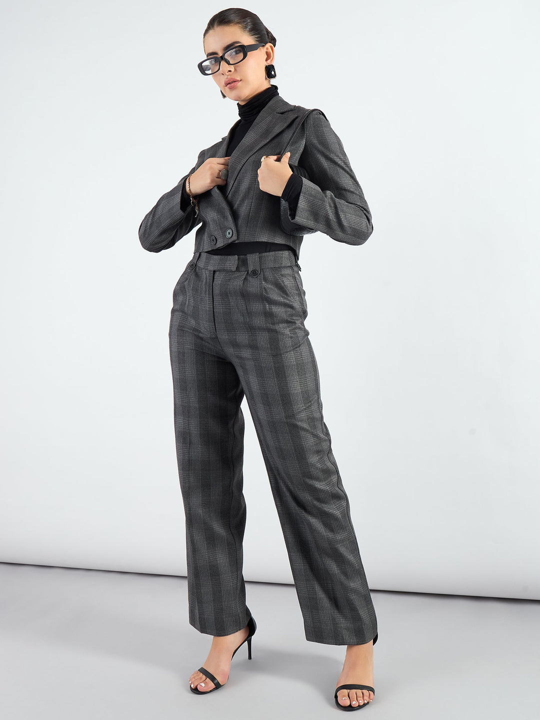 Stylish-Grey-Poly-Viscose-Checkered-Warm-Crop-Blazer-&-Trouser