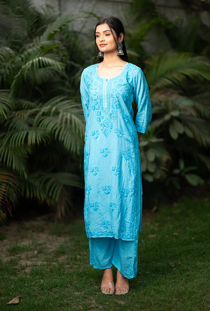 Suma-Blue-Chanderi-Three-Fourth-Sleeves-2-Piece-Kurta-Set