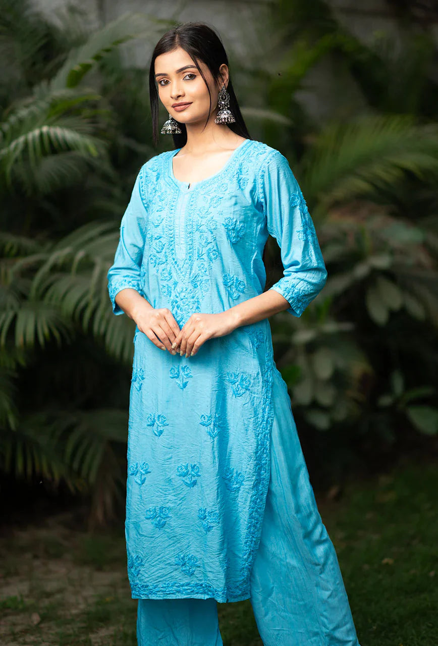 Suma-Blue-Chanderi-Three-Fourth-Sleeves-2-Piece-Kurta-Set