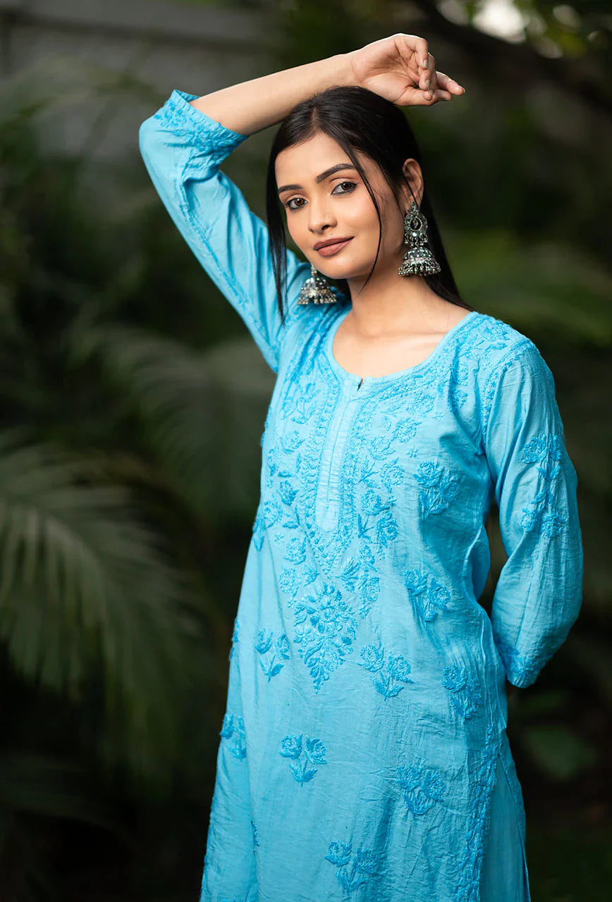 Suma-Blue-Chanderi-Three-Fourth-Sleeves-2-Piece-Kurta-Set