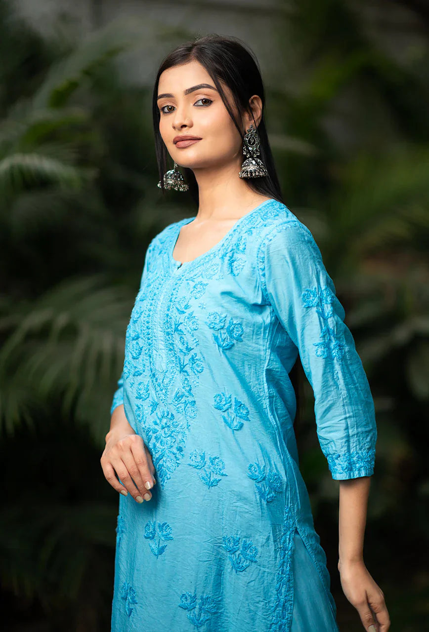 Suma-Blue-Chanderi-Three-Fourth-Sleeves-2-Piece-Kurta-Set