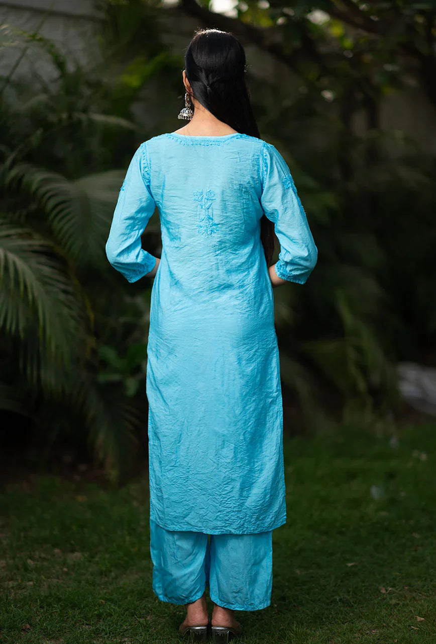 Suma-Blue-Chanderi-Three-Fourth-Sleeves-2-Piece-Kurta-Set