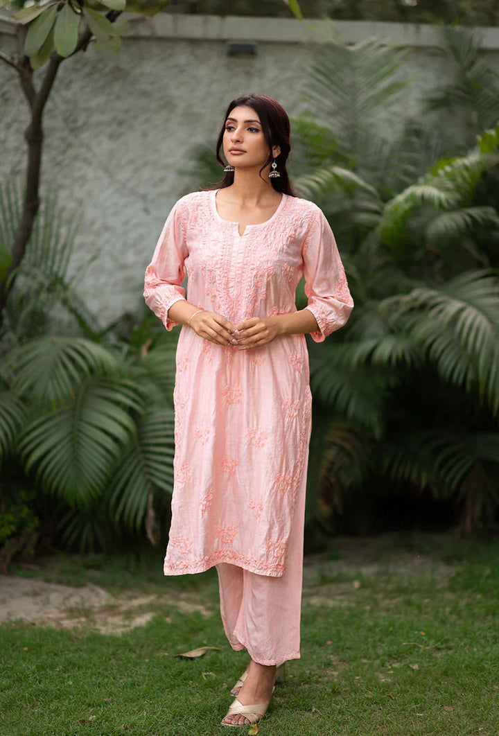 Suma-Peach-Chanderi-Three-Fourth-Sleeves-2-Piece-Kurta-Set