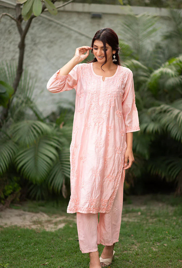 Suma-Peach-Chanderi-Three-Fourth-Sleeves-2-Piece-Kurta-Set