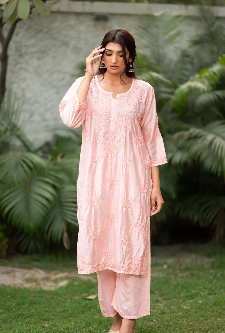 Suma-Peach-Chanderi-Three-Fourth-Sleeves-2-Piece-Kurta-Set