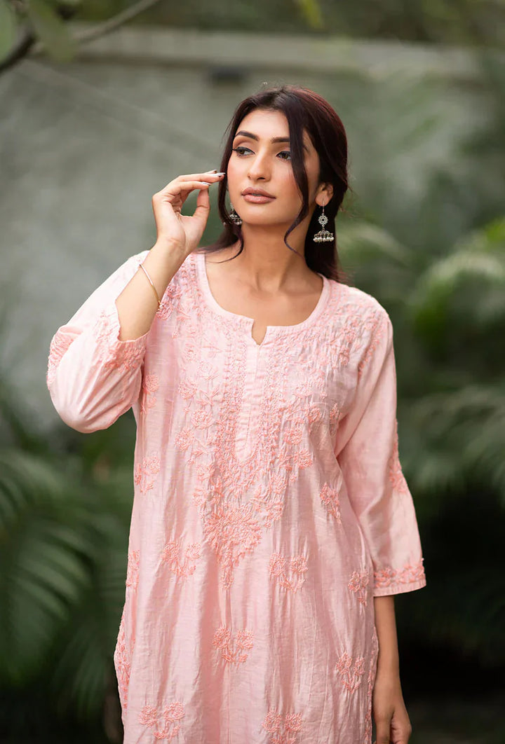 Suma-Peach-Chanderi-Three-Fourth-Sleeves-2-Piece-Kurta-Set