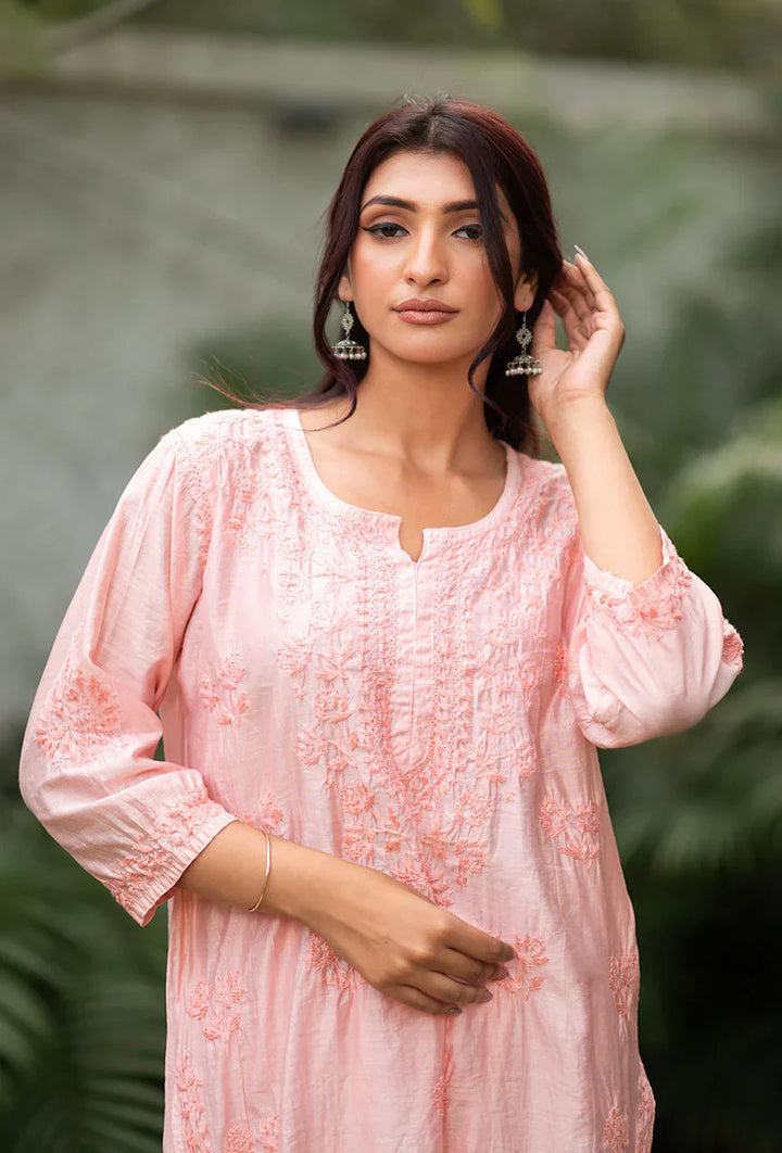 Suma-Peach-Chanderi-Three-Fourth-Sleeves-2-Piece-Kurta-Set