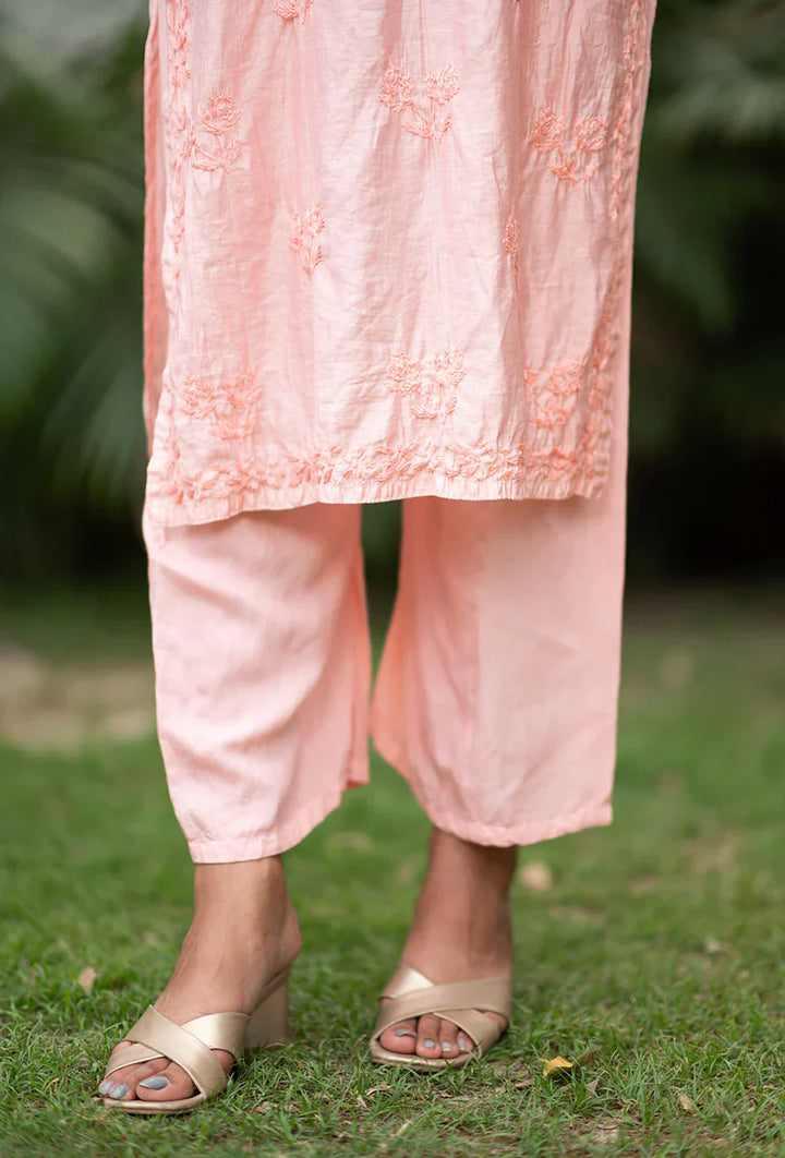 Suma-Peach-Chanderi-Three-Fourth-Sleeves-2-Piece-Kurta-Set