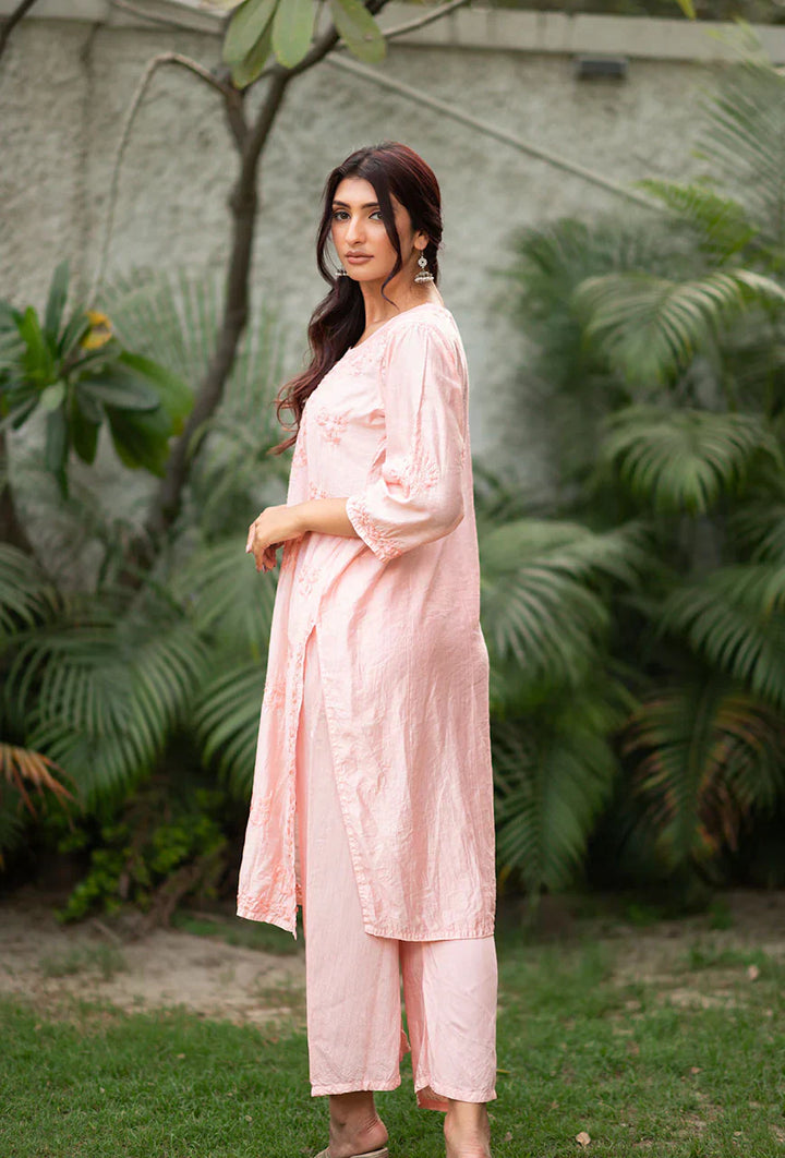 Suma-Peach-Chanderi-Three-Fourth-Sleeves-2-Piece-Kurta-Set