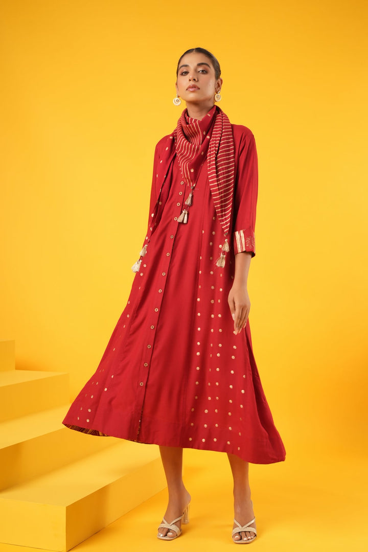 Swarnaa-Singaraja-Red-Rayon-Slub-Block-Print-Dress