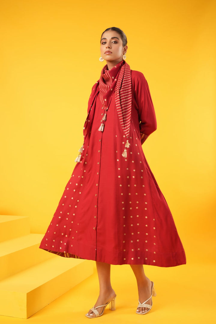 Swarnaa-Singaraja-Red-Rayon-Slub-Block-Print-Dress