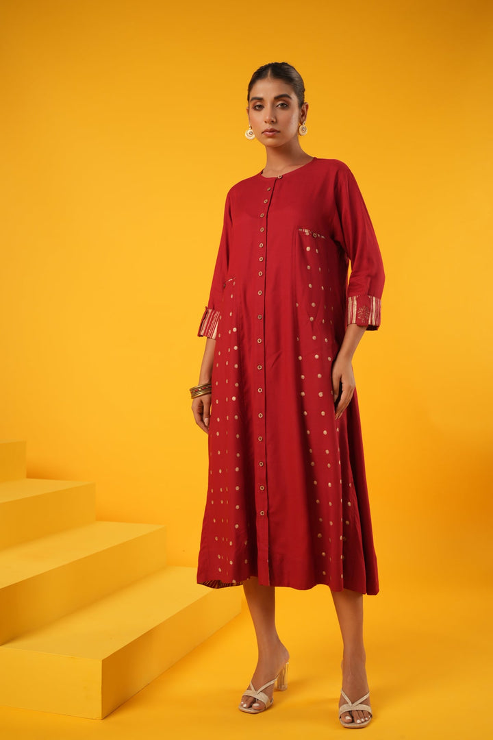 Swarnaa-Singaraja-Red-Rayon-Slub-Block-Print-Dress