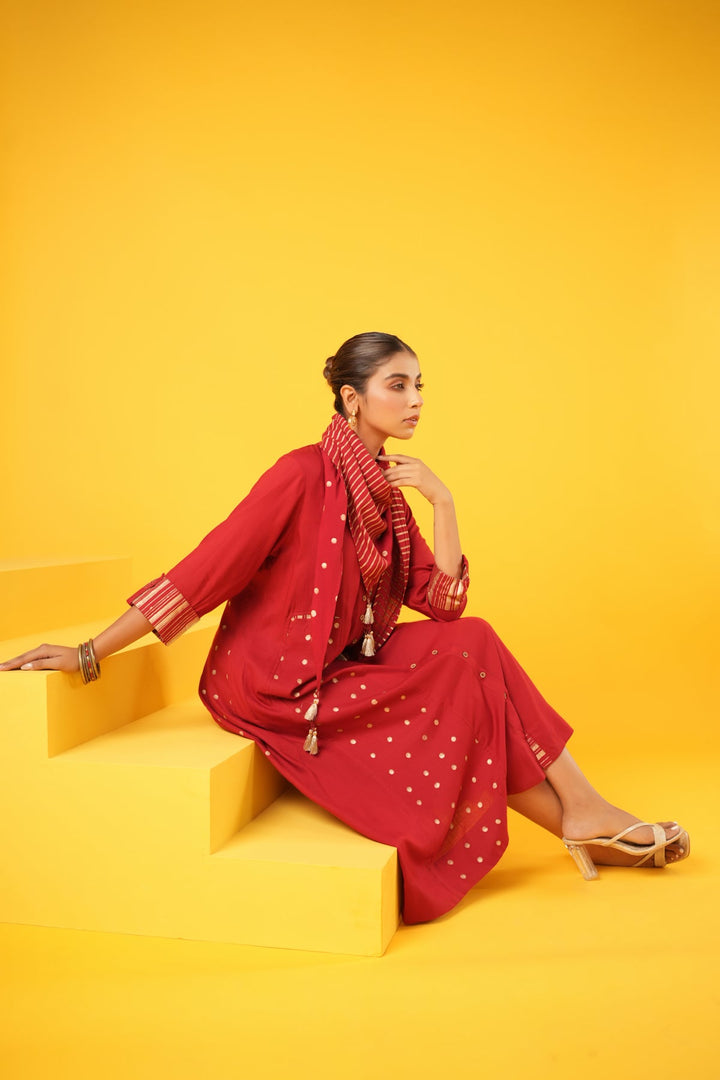 Swarnaa-Singaraja-Red-Rayon-Slub-Block-Print-Dress