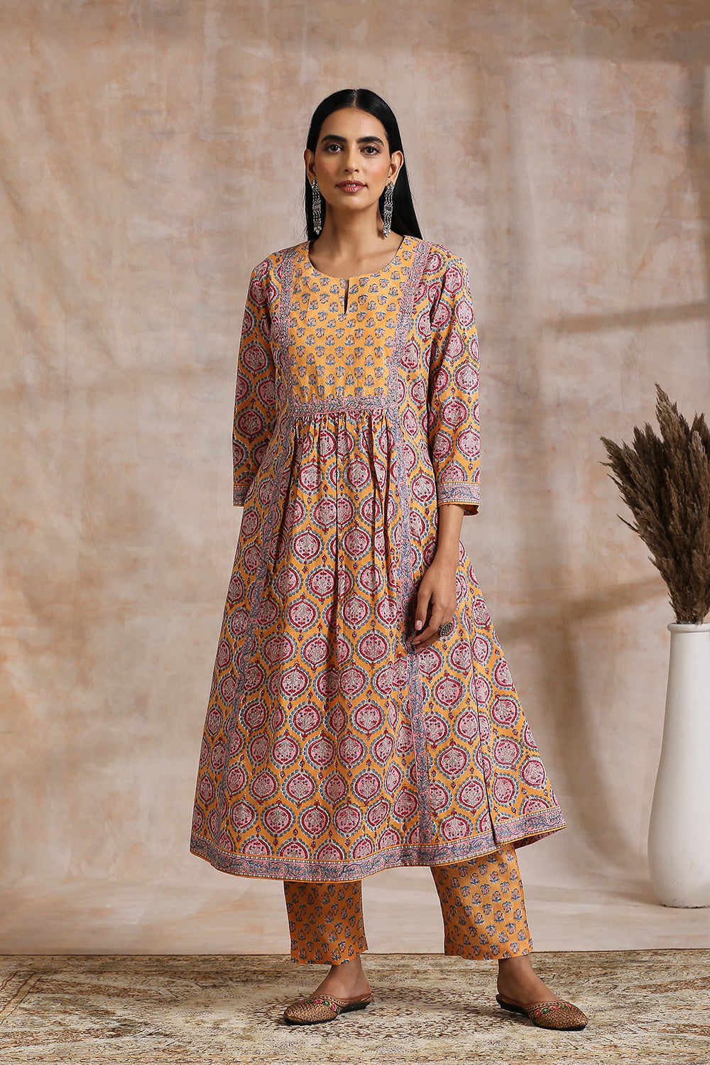 Orange-Cotton-Hand-Block-Printed-Sanganeri-'A'-Line-Kurta