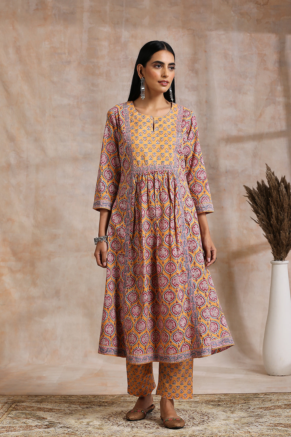 Orange-Cotton-Hand-Block-Printed-Sanganeri-'A'-Line-Kurta