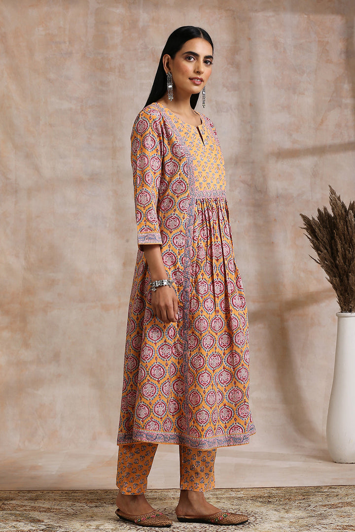 Orange-Cotton-Hand-Block-Printed-Sanganeri-'A'-Line-Kurta