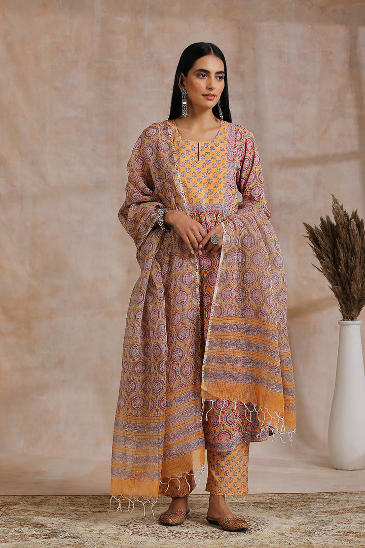 Orange-Cotton-Hand-Block-Printed-Sanganeri-'A'-Line-Kurta