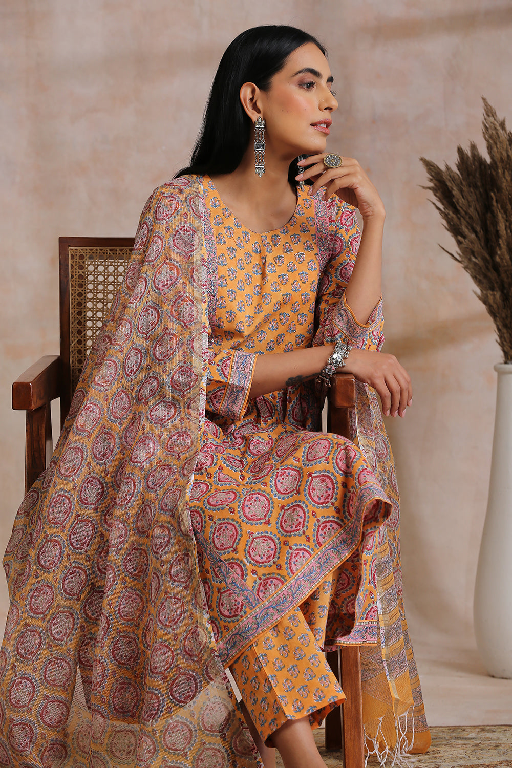 Orange-Kota-Doria-Hand-Block-Printed-Dupatta