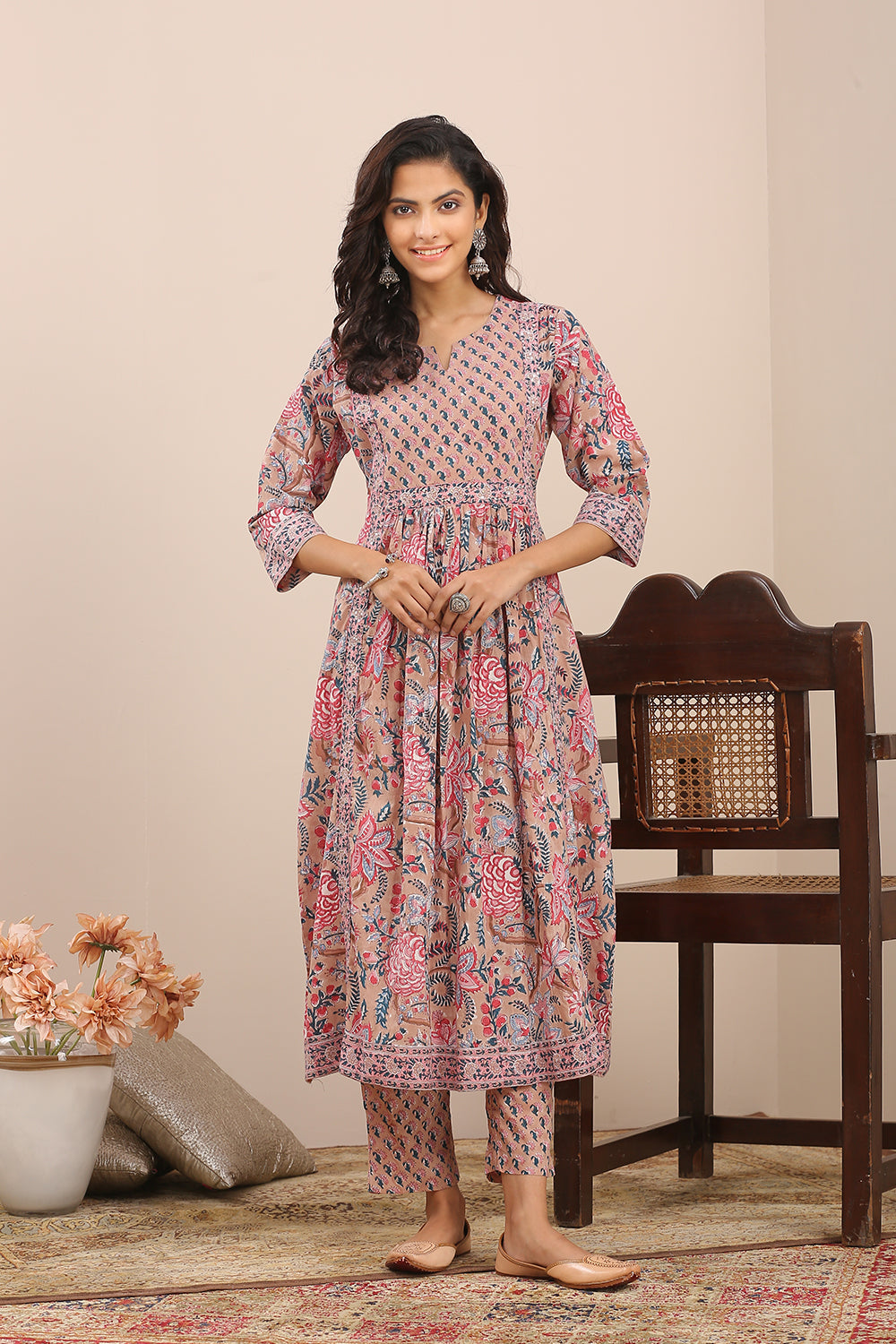 Brown Pink Hand Block Printed A Line Kurta