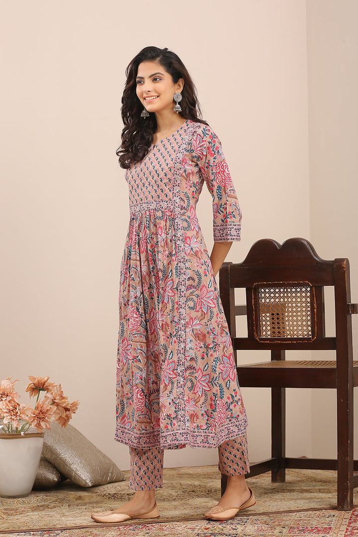 Brown Pink Hand Block Printed A Line Kurta