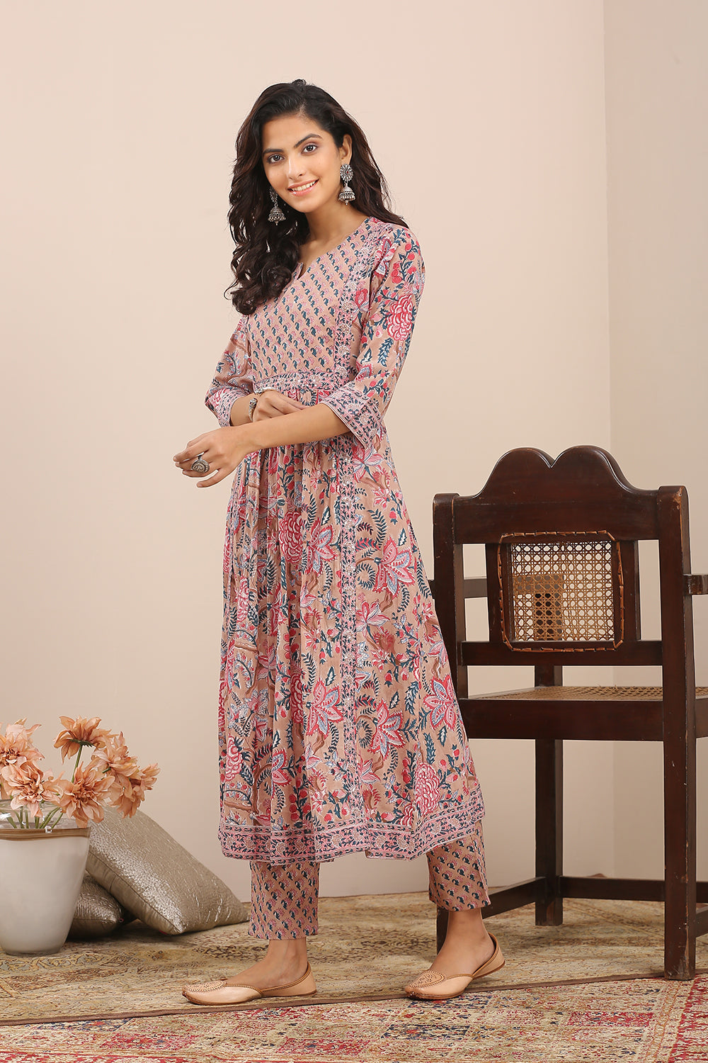 Brown Pink Hand Block Printed A Line Kurta