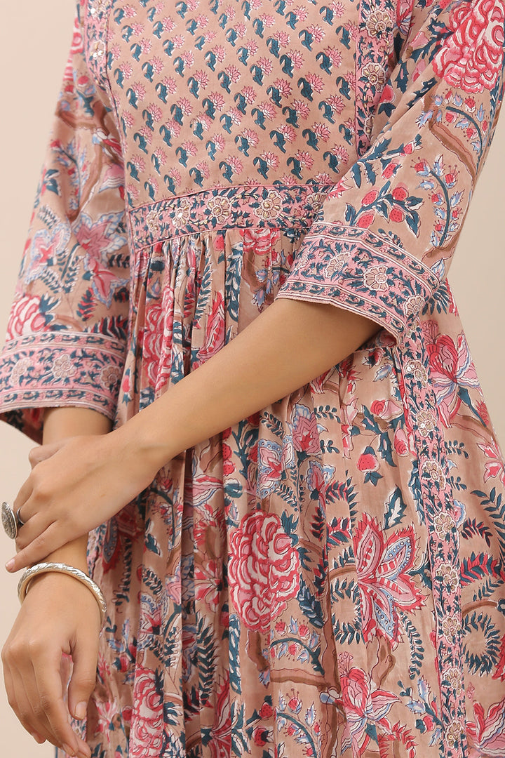 Brown Pink Hand Block Printed A Line Kurta