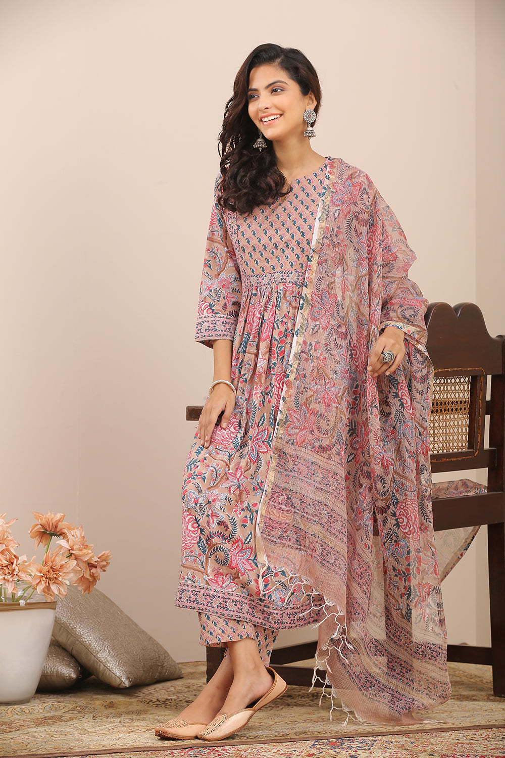 Taupe Floral Hand Block Printed Kota Doria Dupatta