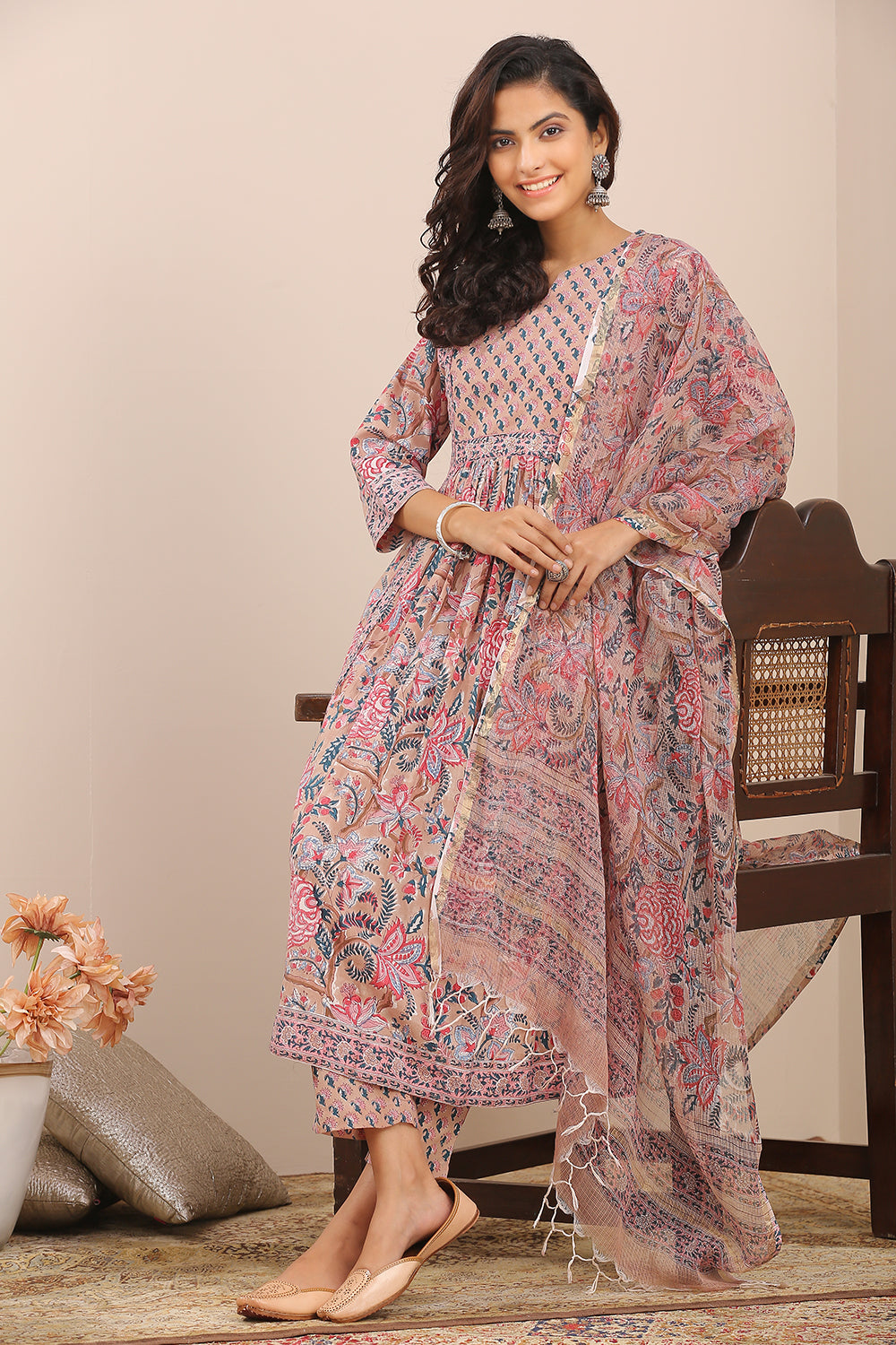 Taupe Floral Hand Block Printed Kota Doria Dupatta