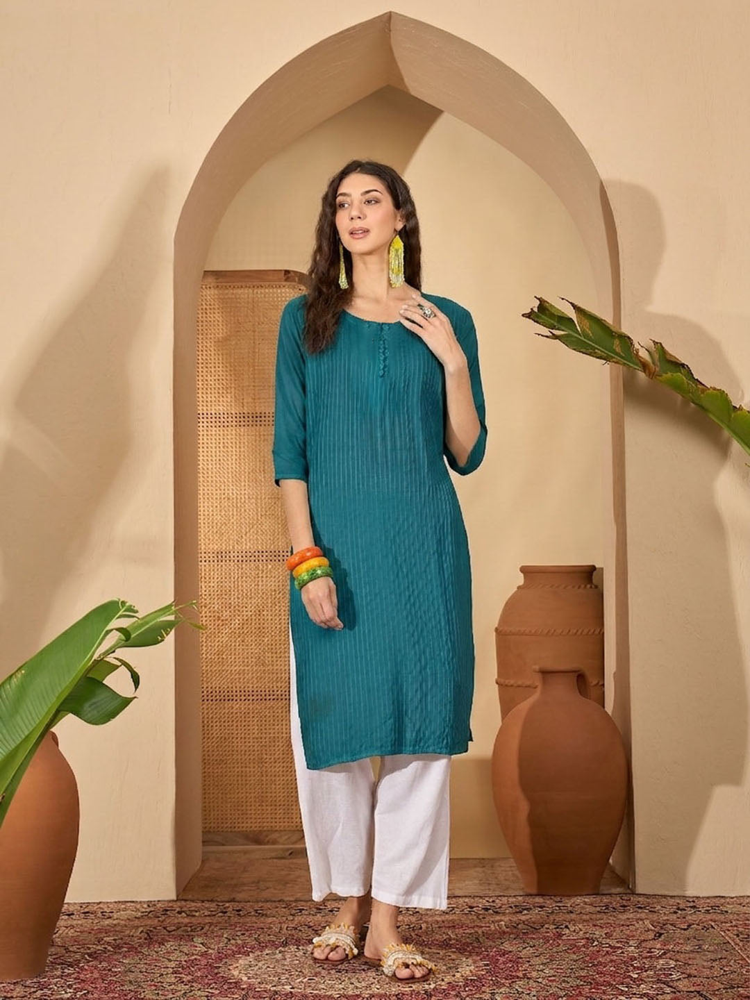 Teal Solid Rayon Straight Kurta