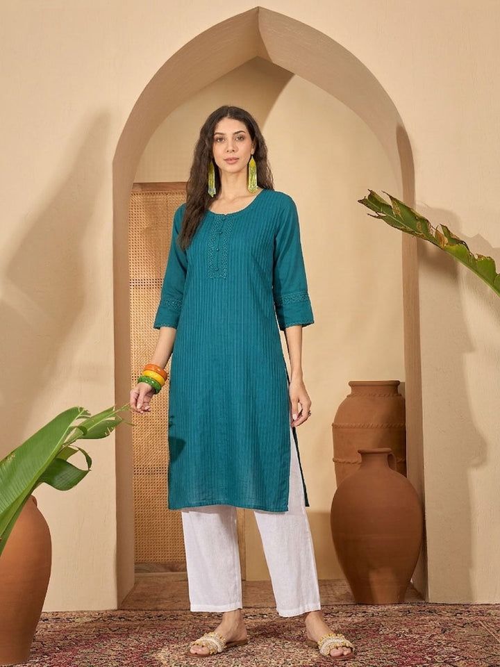 Teal Solid Rayon Straight Kurta