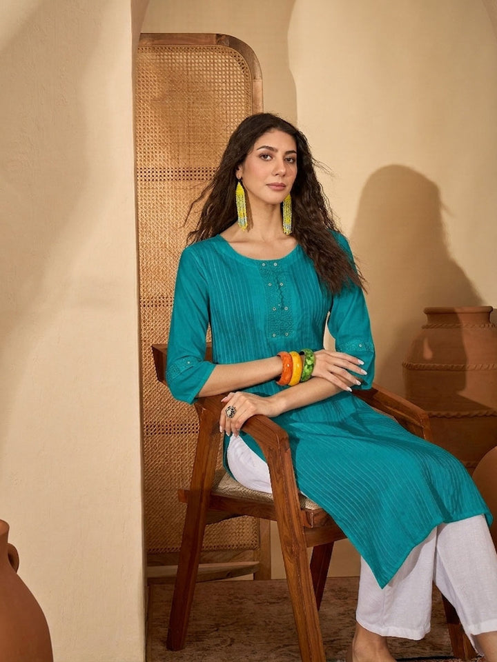 Teal Solid Rayon Straight Kurta